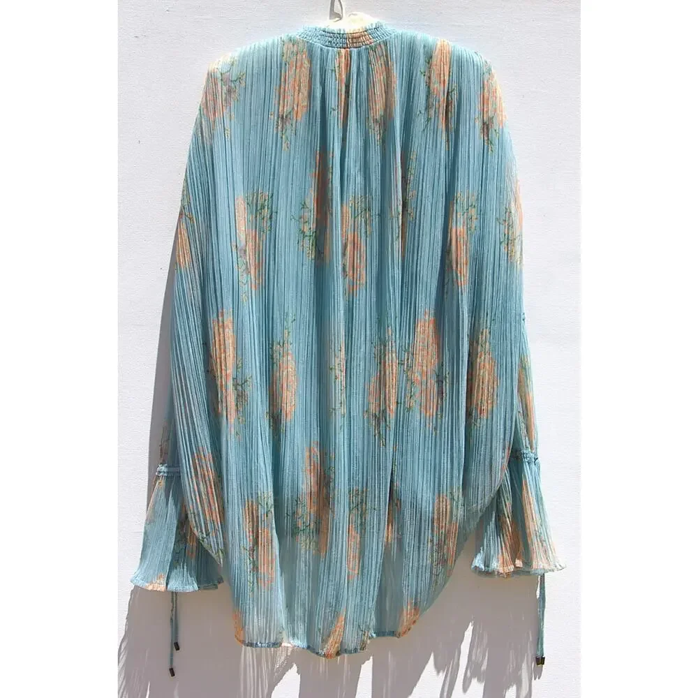 Free People Dahlia Tunic Dress Top – Blue Sheer Floral – Long Sleeve – Women’s M